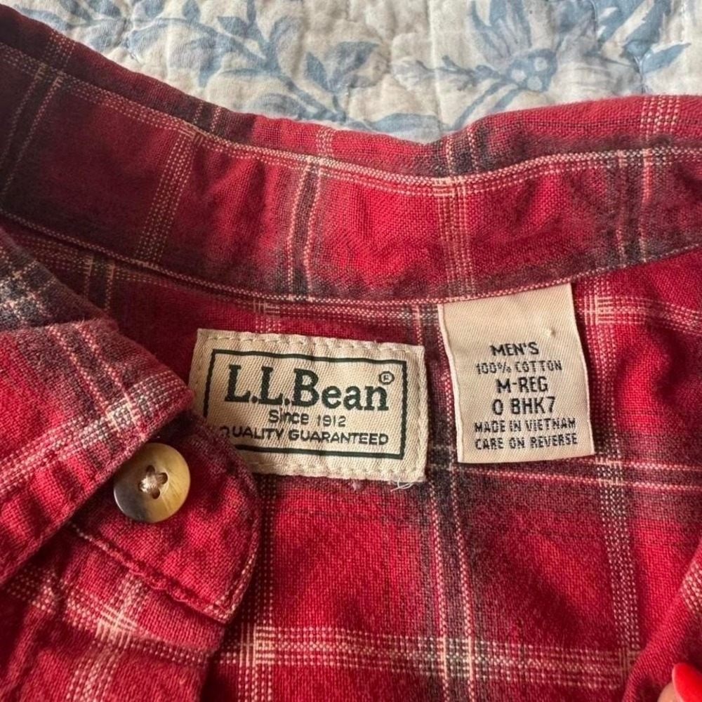 Red and Green Plaid L.L. Bean Button Down Long Sleeve Flannel Shirt, 100% cotton - Picture 2 of 8